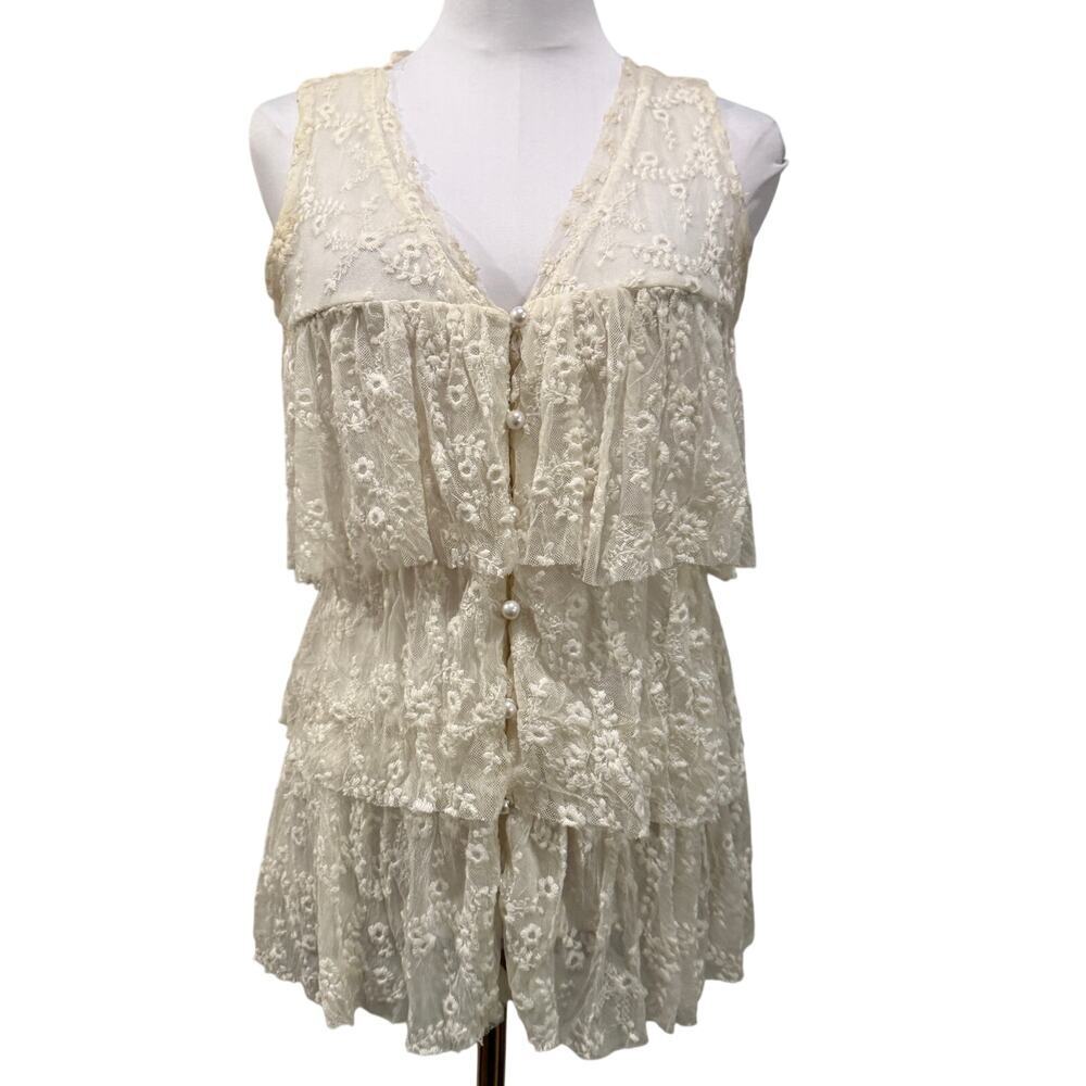 Trinity Medium Ivory Lace Tiered Ruffle Sleeveless Babydoll Tunic Top Boho Fairy